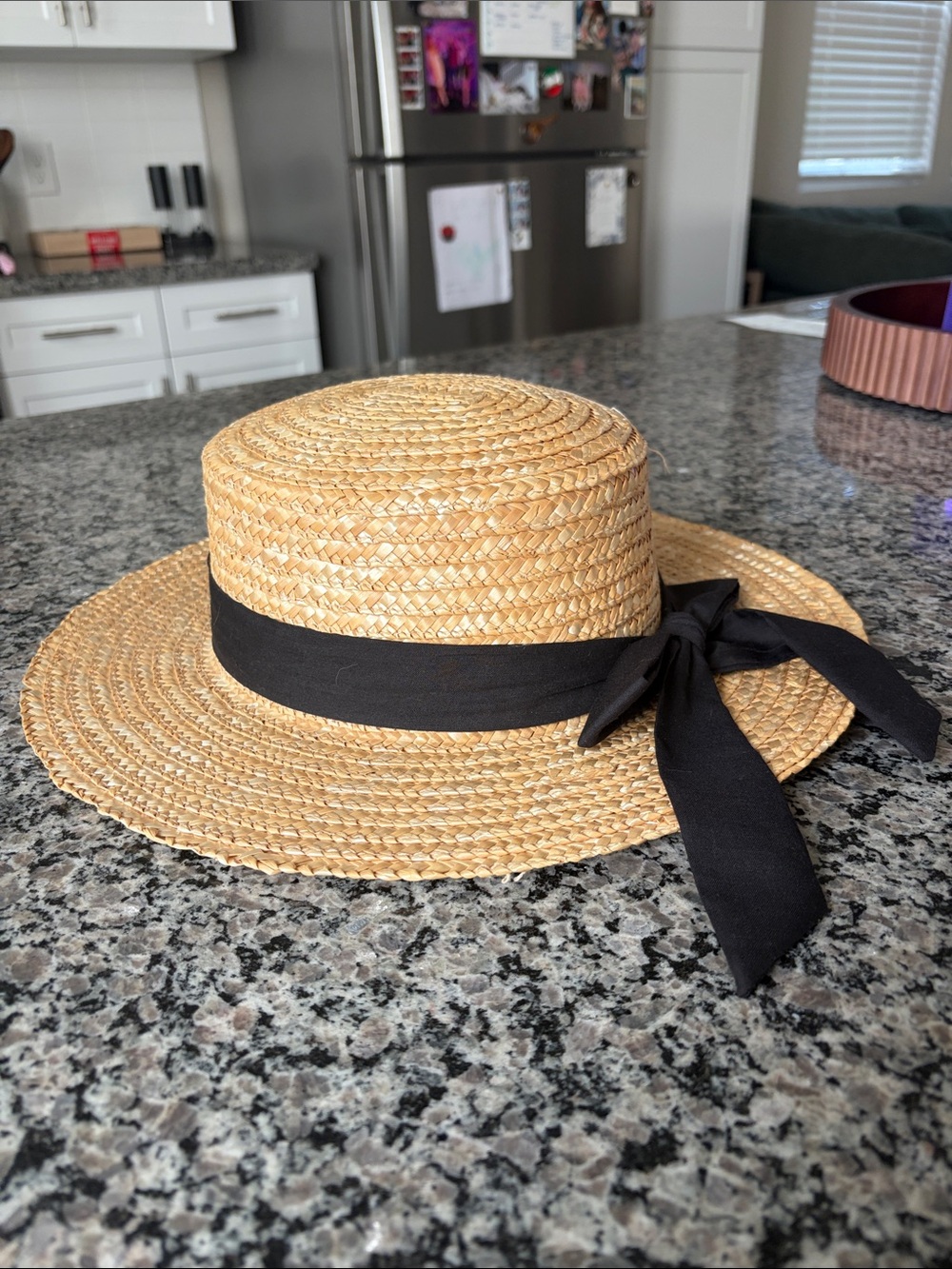 Straw Boater Sun Hat with Black Ribbon